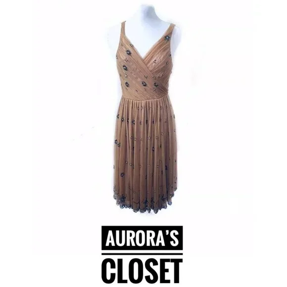 Handmade Dresses | Vintage Small Dark Nude Mesh Flare Dress Beaded Lined Wrap Deep V Hand Beaded | Color: Brown/Tan | Size: S | Auroracloset907's